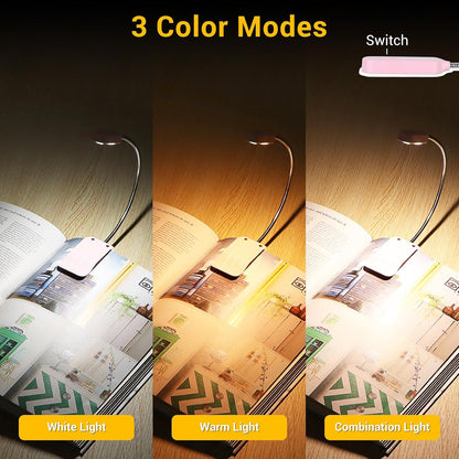 Book Light 2 Pack, Rechargeable Reading Lights for Books in Bed-Eye Caring 3 Colors, Stepless Dimming, 360° Flexible Studying Small Desk Lamp, Lightweight Clip-on LED Night Light for Book Lovers, Kids