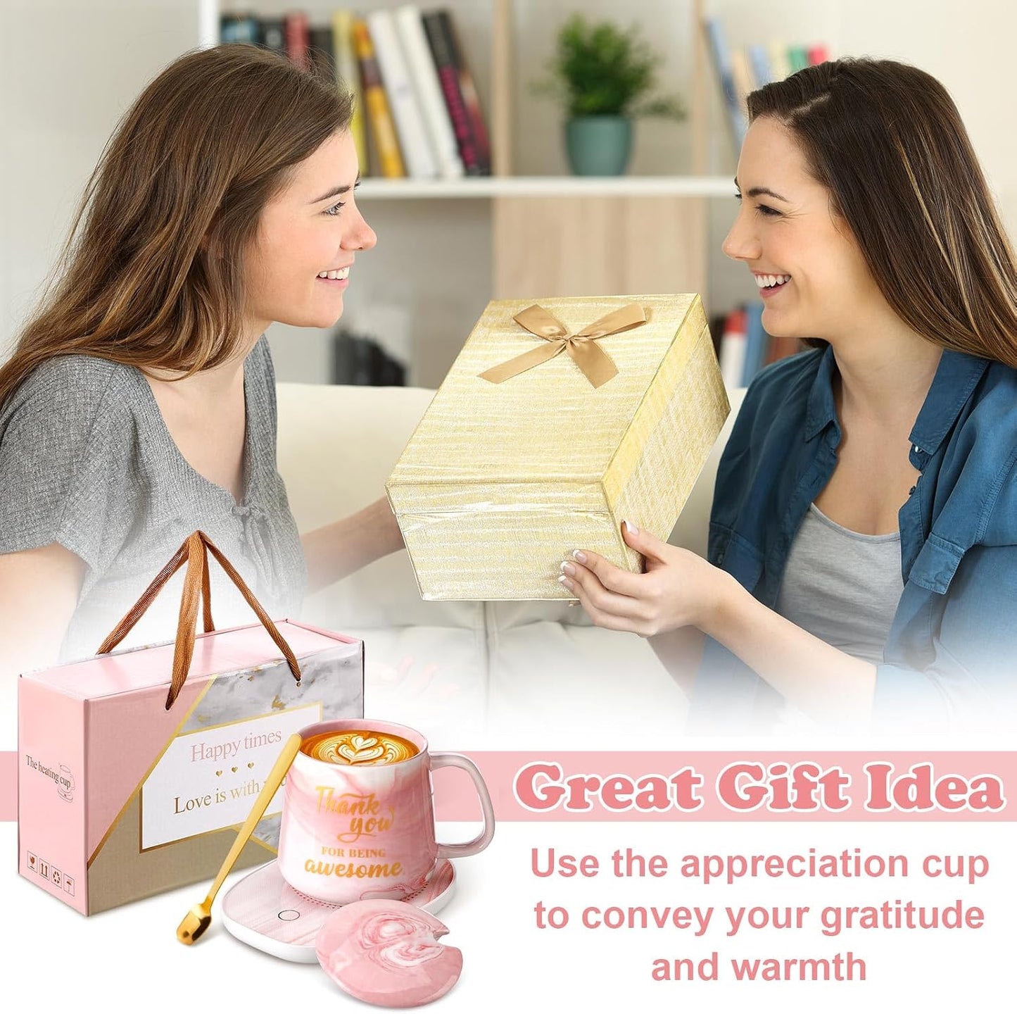 Nitial Thank You Coffee Warmer with Mug Set for Women Thank You for Being Awsome Pink Marble Mug Warming Set Employee Appreciation Gifts Birthday Gift for Coworker Volunteer Teacher
