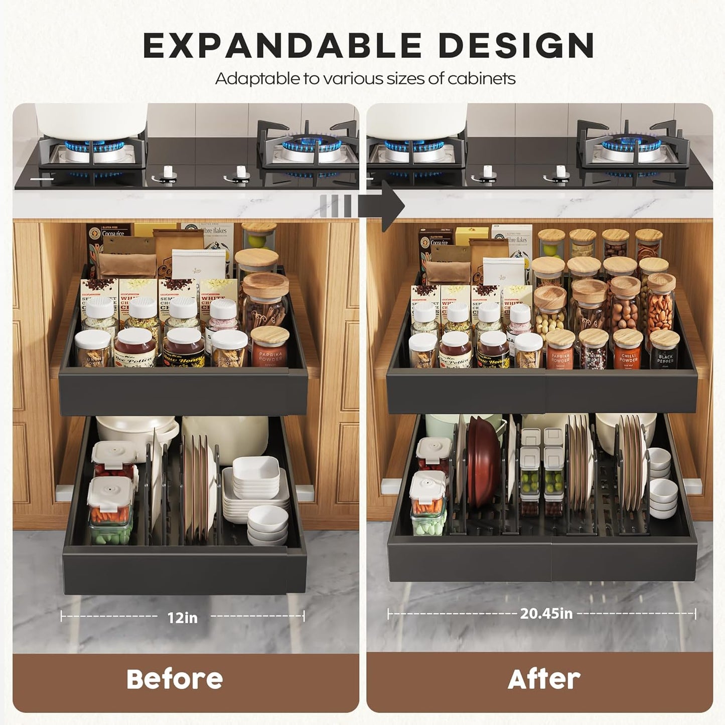 Seinloes 2 Pack Pull Out Cabinet Organizers 21"Deep with Raising Pad for Framed Cabinets,Expandable Slide Out Drawers Upgrade 3 Slide Rails,Roll Out Shelves Adhesive,Adjustable Width 12"-20.45" White