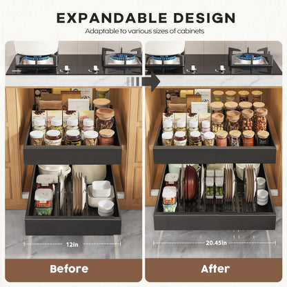 Seinloes 2 Pack Pull Out Cabinet Organizers 21"Deep with Raising Pad for Framed Cabinets,Expandable Slide Out Drawers Upgrade 3 Slide Rails,Roll Out Shelves Adhesive,Adjustable Width 12"-20.45" White