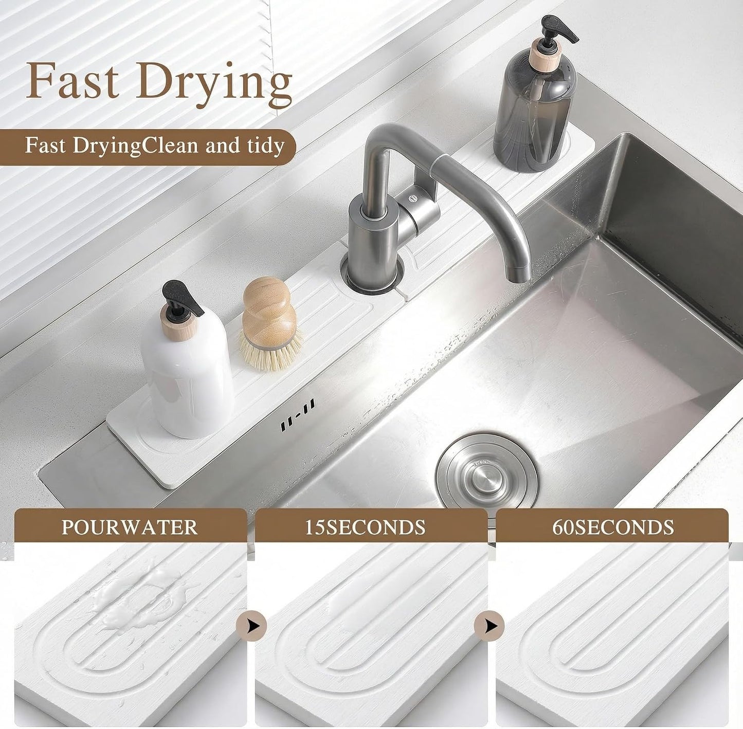 Diatomite Faucet Mat for Kitchen Sink, Quick-Dry Stone-Like Sink Mat, Flat Lay Absorbent Countertop Drying Mat for Faucet Area, Hard Diatomite Mat, Gray, 23.6 x 4 in