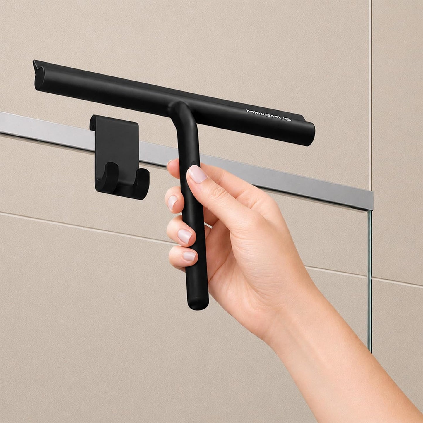 Minismus Shower Squeegee with Magnetic Hook - Silicone Window Wiper with Adhesive Wall Mounted Hanger - Shower Squeegee for Glass Doors - Rubber Squeegee - Shower Glass Cleaner (8.25 inches, Black)