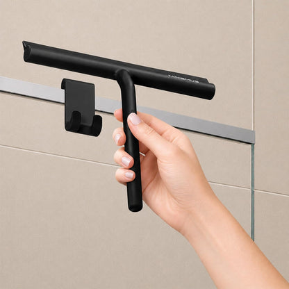 Minismus Shower Squeegee with Magnetic Hook - Silicone Window Wiper with Adhesive Wall Mounted Hanger - Shower Squeegee for Glass Doors - Rubber Squeegee - Shower Glass Cleaner (8.25 inches, Black)