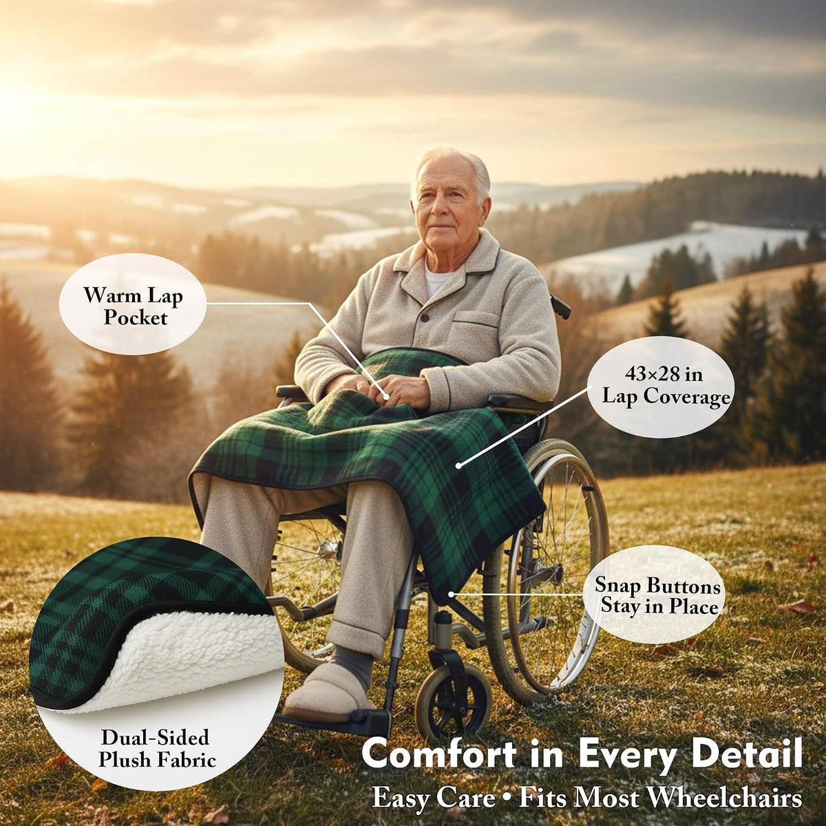 Wheelchair Lap Blanket for Seniors, 43" * 28" Soft Sherpa Lined Knee & Lap Cover, Warm Lightweight Throw with Snap Buttons, Cozy Comfort for Elderly & Caregivers, Wine Red