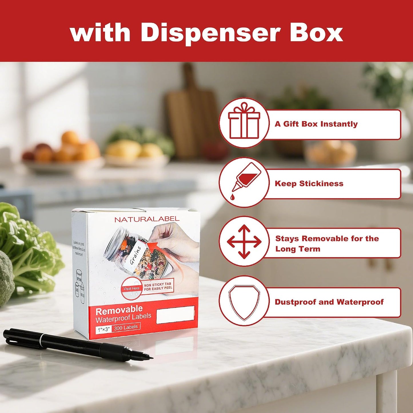 Removable Freezer Labels with Dispenser, 1" x 3", 1 Box (Red) | Writable, remove no residue, waterproof & oilproof, easy peel-off design, 300 labels per box, for meal prep containers