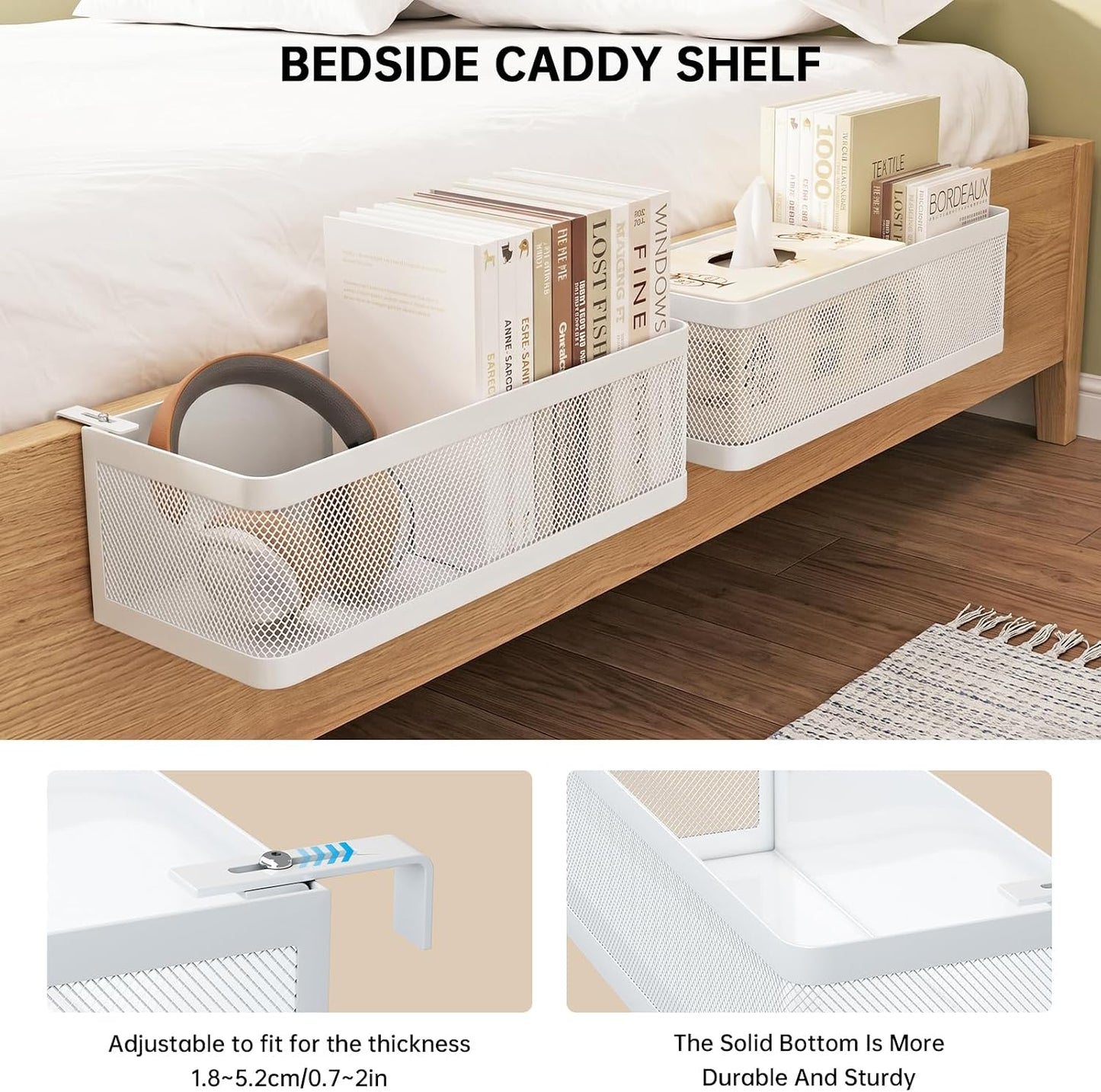 Hanging Metal Bedside Caddy, Adjustable Shelf for Bunk & Dorm (Large) | Sturdy metal mesh basket holds 33 lbs, Adjustable hooks fit 0.7"-2" frames,Ideal space-saver for dorm, bunk & bedside