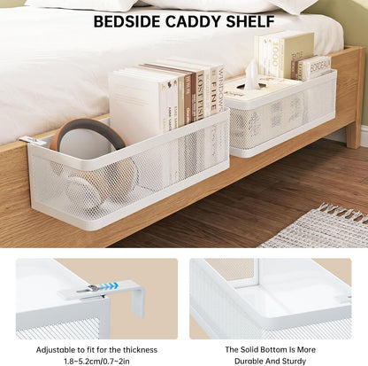 Hanging Metal Bedside Caddy, Adjustable Shelf for Bunk & Dorm (Large) | Sturdy metal mesh basket holds 33 lbs, Adjustable hooks fit 0.7"-2" frames,Ideal space-saver for dorm, bunk & bedside
