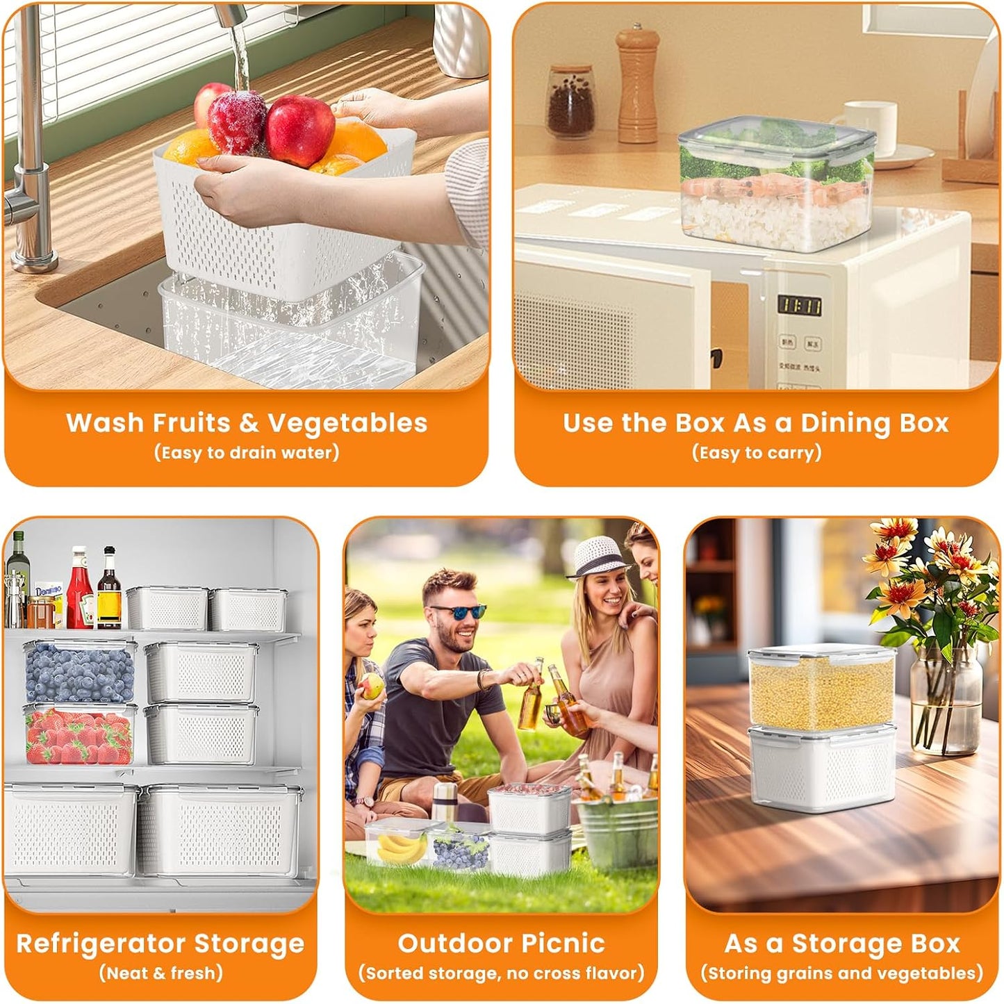 Fruit Storage Containers for Fridge - 5 PCS Poduce Containers for Fridge - with Removable Drain Basket - Keep Fruit Lettuce Berry Vegetables Meat Food Stay Fresher Longer