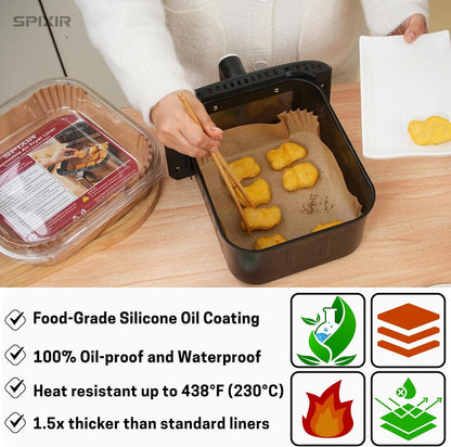 Air Fryer Paper Liners, 100Pcs Air Fryer Liners Disposable 8" Square Heavy-Duty Parchment Paper for Air Fryer Basket 5-8 Qt. Non-Stick, Oil Proof, Unbleached Baking Liners for Oven & Microwave