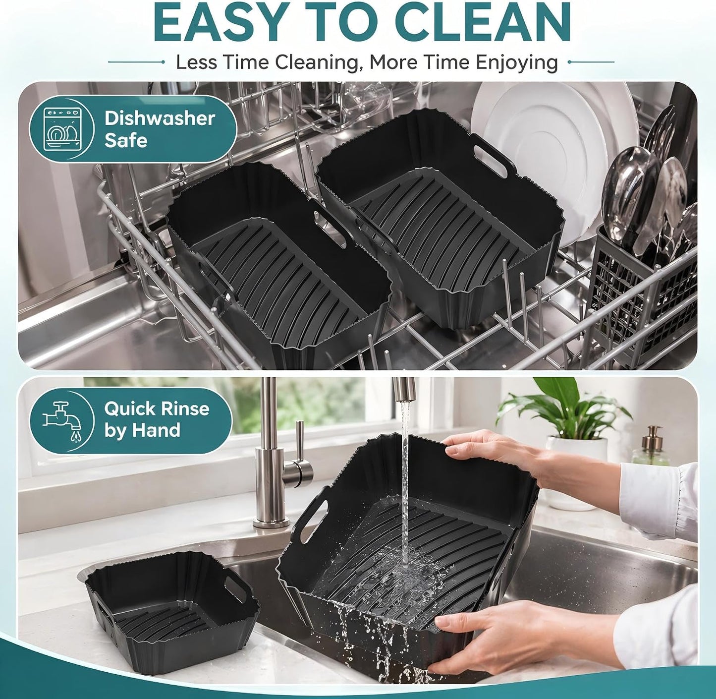 Szyeequoo Silicone Air Fryer Liners 2 Pack for Ninja Dual Zone, 1 Perforated and 1 Solid, Rectangle Reusable Liners for DZ201 DZ401 DZ550 DZ302, COSORI 9QT Instant Chefman Dual Basket Air Fryers