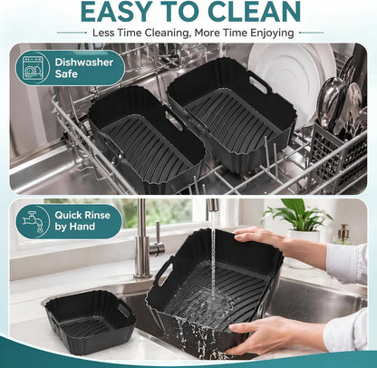 Szyeequoo Silicone Air Fryer Liners 2 Pack for Ninja Dual Zone, 1 Perforated and 1 Solid, Rectangle Reusable Liners for DZ201 DZ401 DZ550 DZ302, COSORI 9QT Instant Chefman Dual Basket Air Fryers