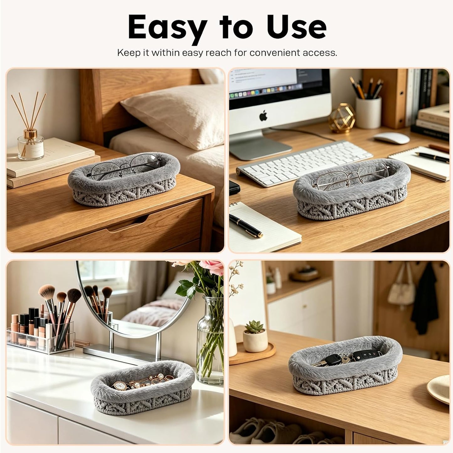 Glasses Holder, Anti-scratch Plush Lined Eyeglass Holder Stand | Oval Eye-glasses Storage Organizer Case for Nightstand, Office Desk, Bedside Table, Beige