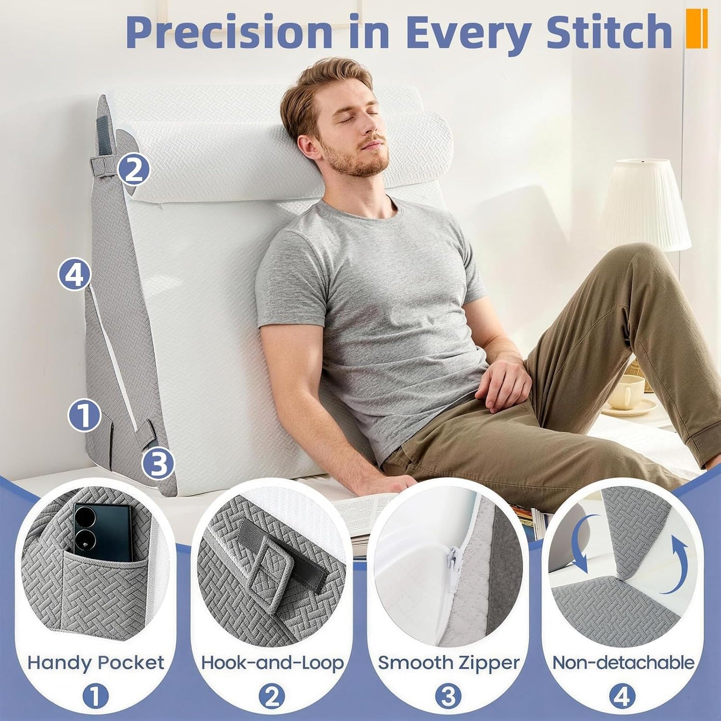 Sasttie Adjustable Wedge Pillow Set for After Surgery, Dark Grey & White | Bed Wedge Pillow Headboard with Memory Foam Neck Cushion, for Acid Reflux, Sleeping, Neck & Back Support