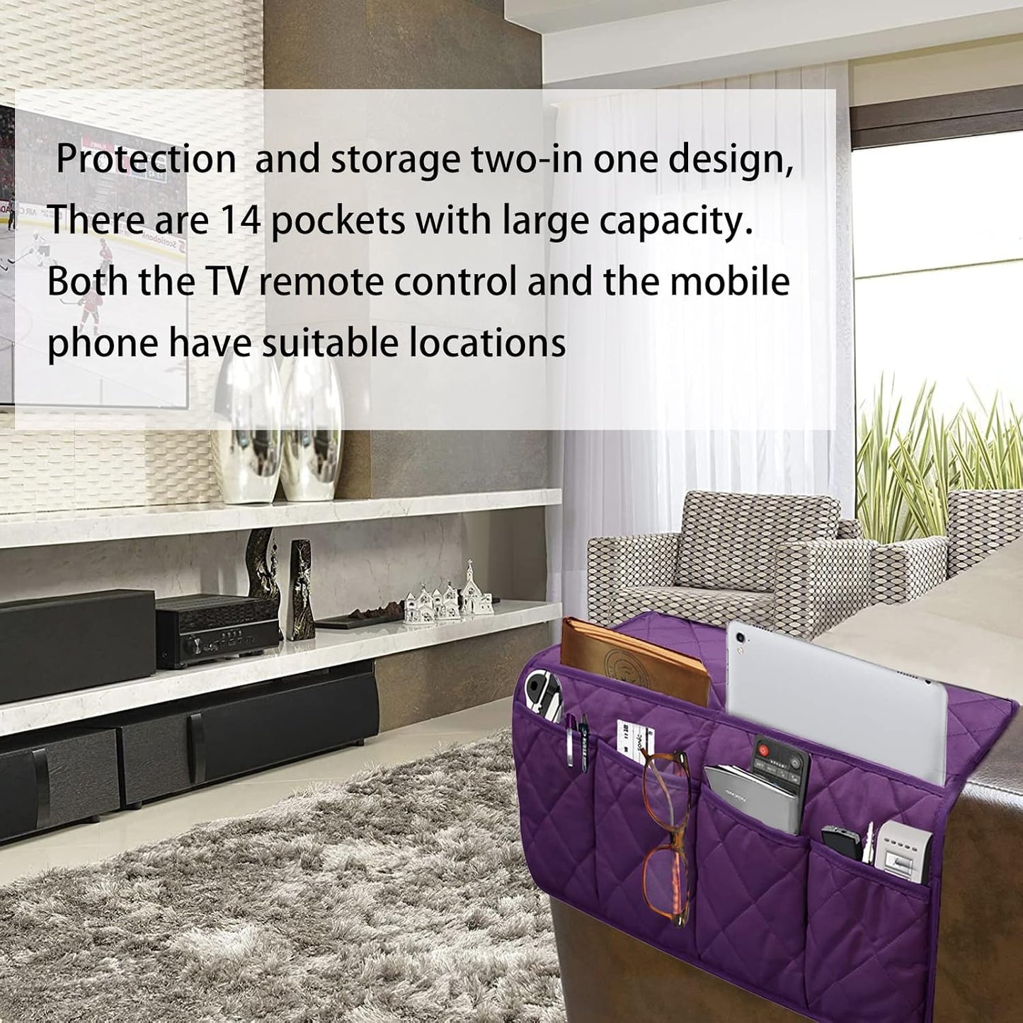 Armchair Caddy for Recliner - Sofa Armrest Organizer with 14 Pockets | Waterproof Remote Control Holder for Recliner, Non-Slip Chair Arm Storage for TV Remote, Phone, Books, Magazine, iPad