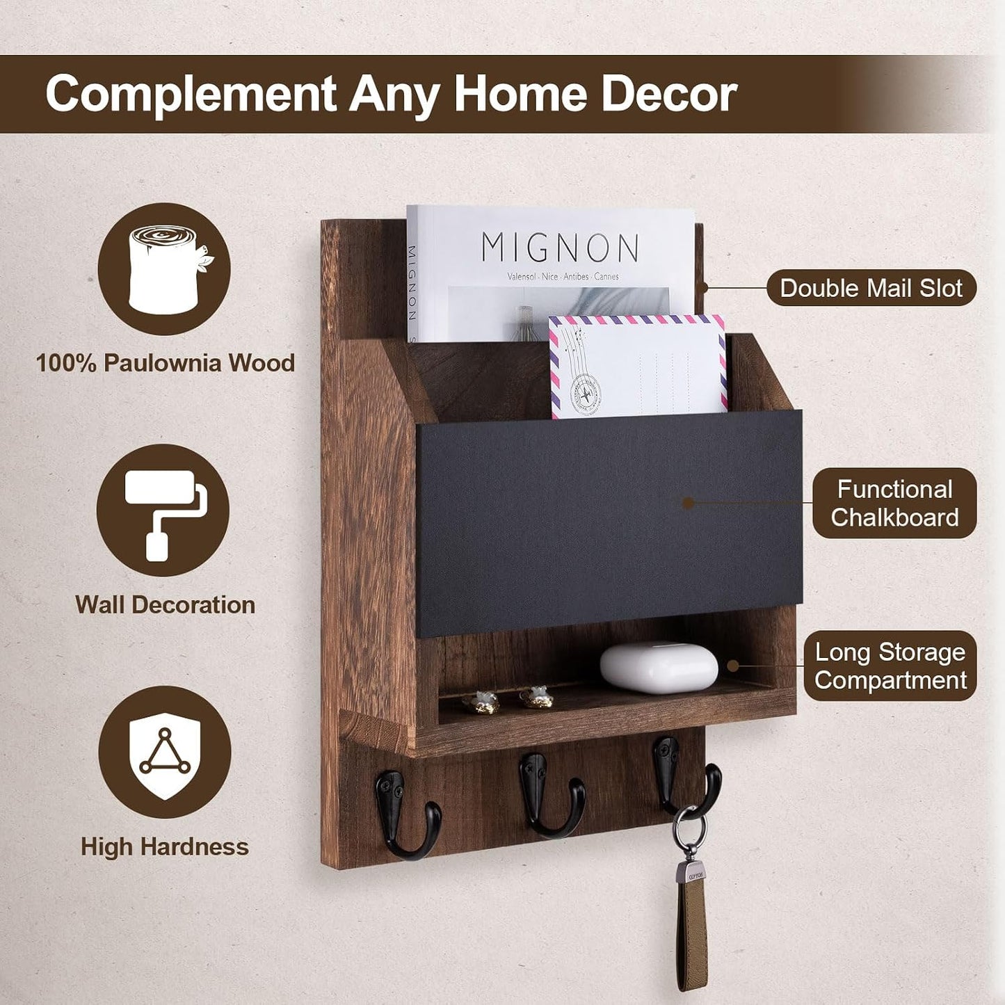 Key and Mail Holder for Wall with Chalkboard and Long Storage Box | Key Holder, Key Hanger with 3 Sturdy Hooks for Coat, Dog Leash, Entryway Mail Organizer