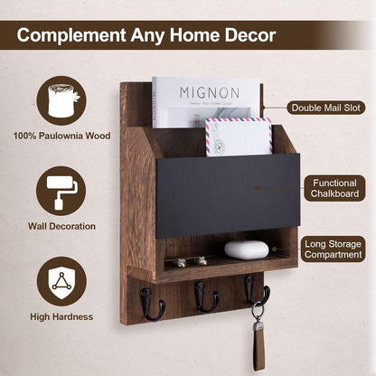 Key and Mail Holder for Wall with Chalkboard and Long Storage Box | Key Holder, Key Hanger with 3 Sturdy Hooks for Coat, Dog Leash, Entryway Mail Organizer