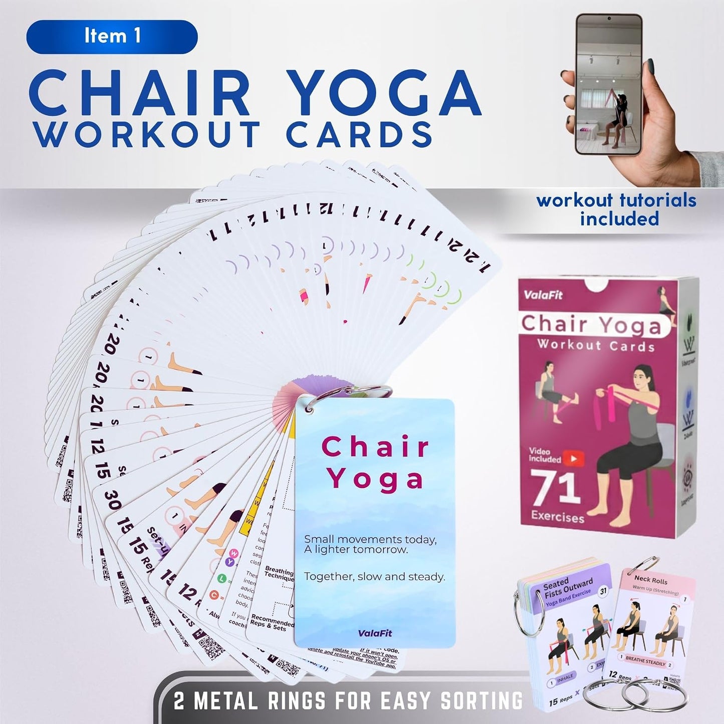 [All-in-One Kit] Chair Yoga for Seniors Over 60 | Cards + Bands + QR Videos | 71 Large Print Durable Cards • 6 Guided Flows • Build Mobility, Balance, Strength & Cardio • Gift for Parents & Grandparents