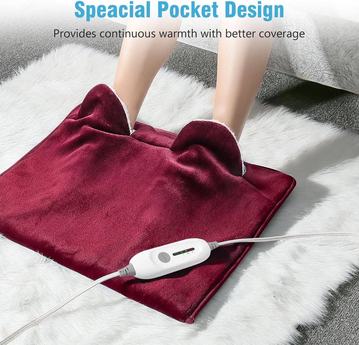 Electric Heated Foot Warmer Soft Flannel Foot Heater with 2h Auto Off & 3 Heat Levels Full Body Use Heating Pad for Feet, Abdomen, Cramps, Pain Relief Pocket Design 16" x 22" Light Grey