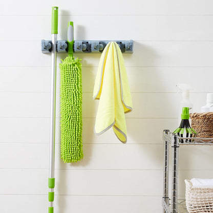 Amazon Basics Rectangular Heavy Duty Wall Mount Broom and Mop Holder, Sturdy Tool Organizer with Hooks and Slots for Garage, Garden, Laundry, Kitchen Organization, 2.36 x 16.9 x 3.35 in, Gray