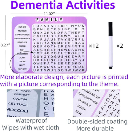 12 or 36 Pcs Reusable Word Search Cards for Dementia Game-Dementia Activities for Seniors with Alzheimer's-Elderly Alzheimer's Toys-Large Print Word Search Books (12 Reusable Word Search Card)
