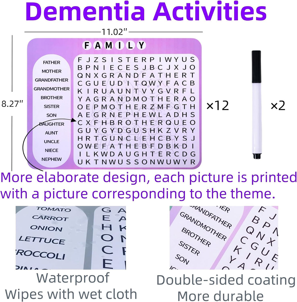 12 or 36 Pcs Reusable Word Search Cards for Dementia Game-Dementia Activities for Seniors with Alzheimer's-Elderly Alzheimer's Toys-Large Print Word Search Books (12 Reusable Word Search Card)