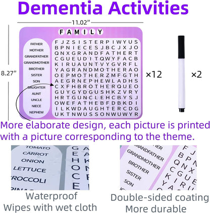 12 or 36 Pcs Reusable Word Search Cards for Dementia Game-Dementia Activities for Seniors with Alzheimer's-Elderly Alzheimer's Toys-Large Print Word Search Books (12 Reusable Word Search Card)