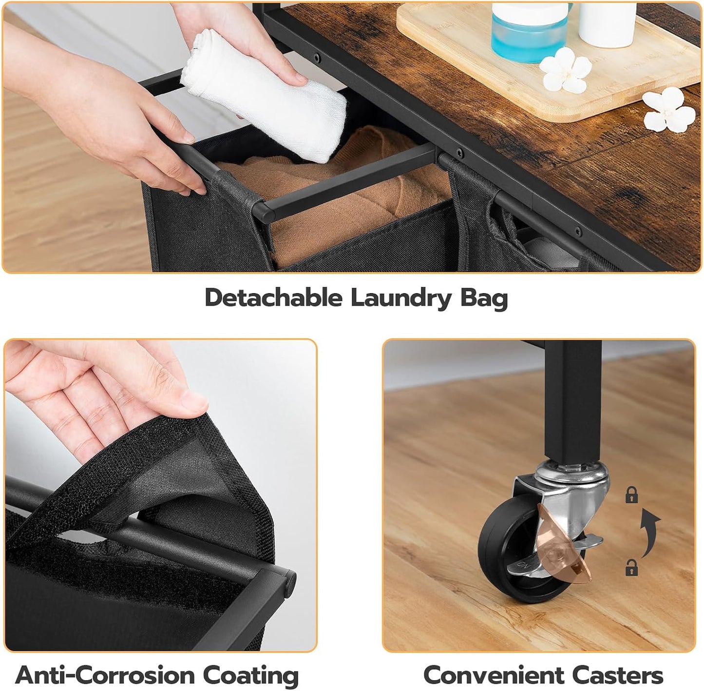 HOOBRO Laundry Sorter 3 Section, Laundry Hamper with Wheels, 3 × 11.5 Gal (43.4L), Rolling Laundry Basket, Pull-Out and Removable Oxford Fabric Laundry Bags, Rustic Brown and Grey BFG76XY01
