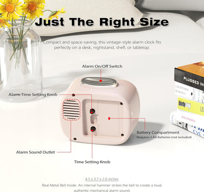 AYRELY® 4.5" Loud Analog Alarm Clock for Heavy Sleepers, 100 dB Alarm Sound | Mechanical Bell, Silent Quartz Desk Clock and Table Clock with 10-Second Night Light, Luminous Hands for Bedroom and Bedside