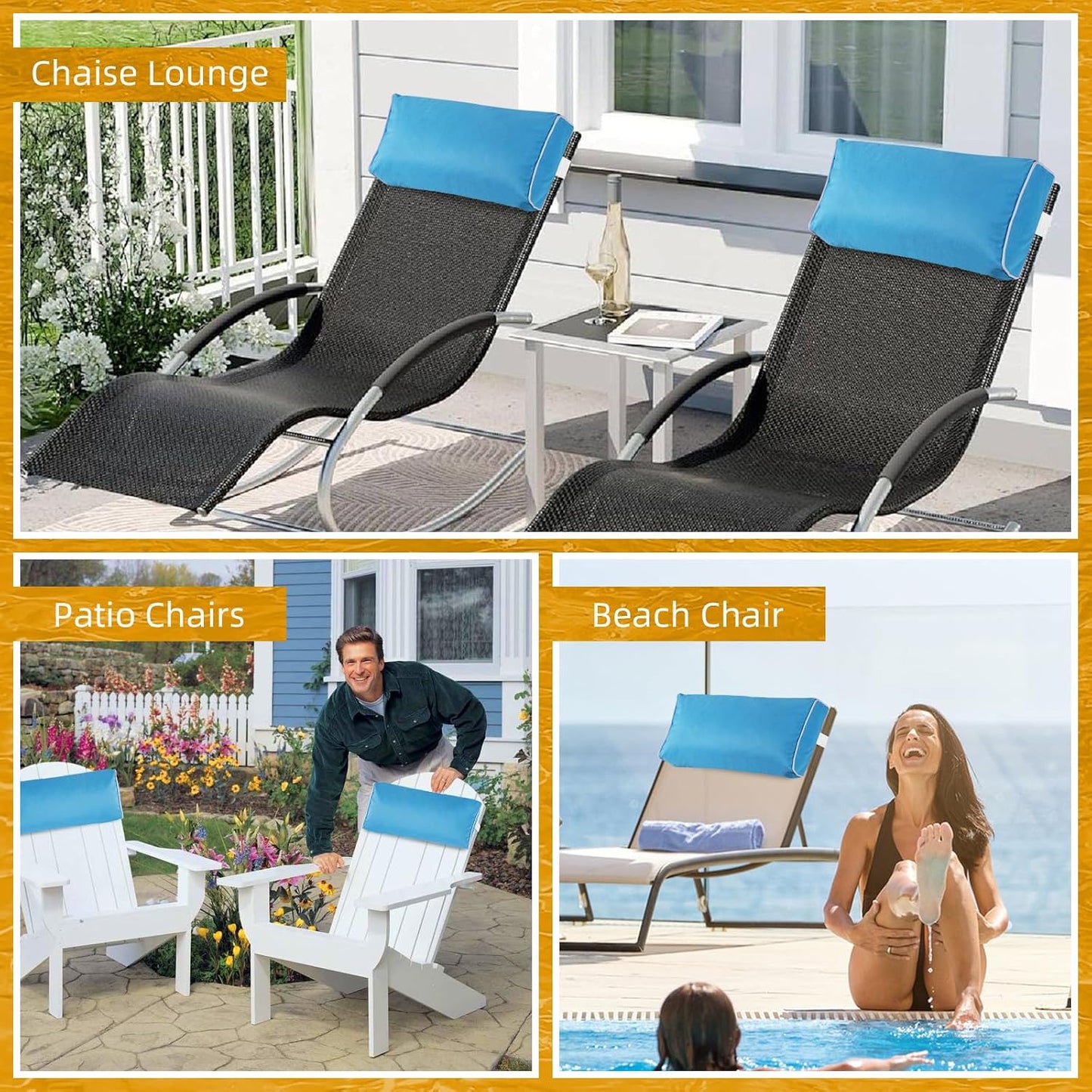 2 Pack Outdoor Chaise Lounge Head Pillow, Patio Pool Chair Pillows Water Resistant Headrest Pillow Lumbar Pillows with Insert and Adjustable Elastic Strap for Recliner Beach Chair, Dark Gray