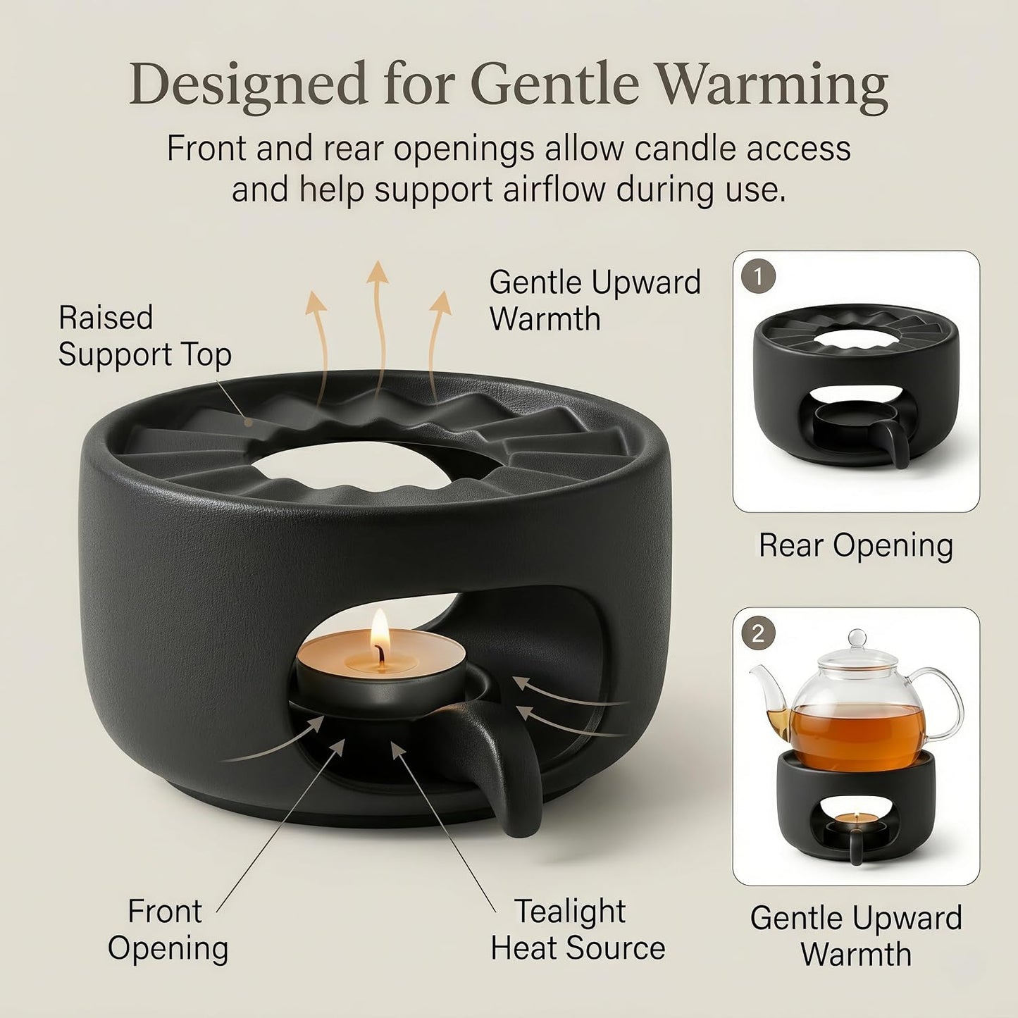 Ceramic Teapot Warmer with Removable Candle Spoon, Tea Pot Warmer Base | Deep matte black finish; 4.72 in low-profile base fits flat-bottom glass or ceramic teapots and uses a standard tealight.