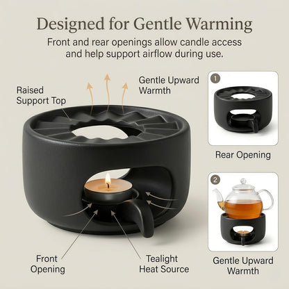 Ceramic Teapot Warmer with Removable Candle Spoon, Tea Pot Warmer Base | Deep matte black finish; 4.72 in low-profile base fits flat-bottom glass or ceramic teapots and uses a standard tealight.