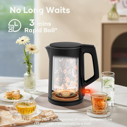 Damsun 1.7L Stainless Steel Electric Kettle, 1500W Rapid Boil, Black | No Plastic Contact with Water,Auto Shut-Off & Boil-Dry Protection,BPA Free 360 Rotatable Cordless Base