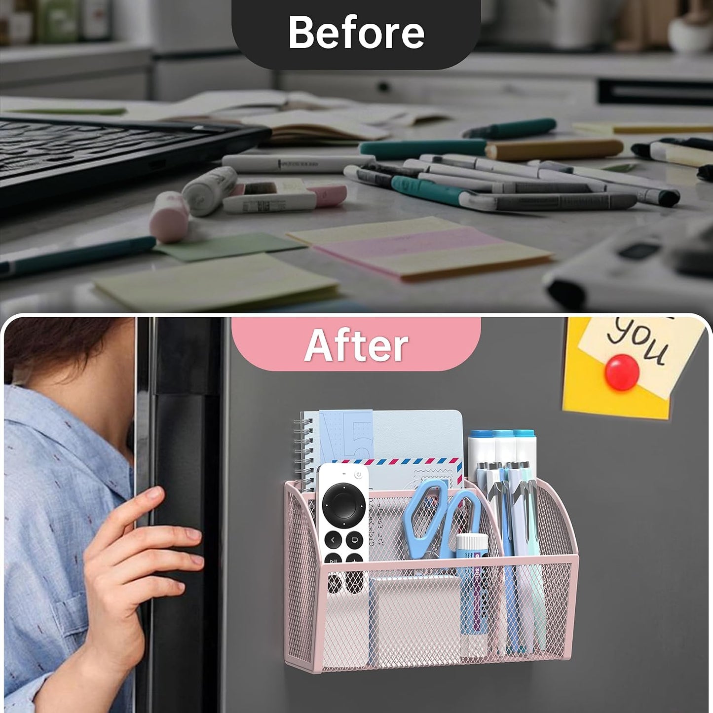 YINGHUA 3 Compartment Magnetic Metal Mesh Pen Holder, Black Desk Caddy | Perfect magnetic organizer for locker, whiteboard, refrigerator, or office. Easily holds pens and accessories