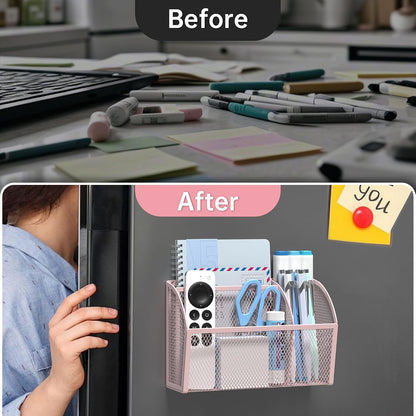 YINGHUA 3 Compartment Magnetic Metal Mesh Pen Holder, Black Desk Caddy | Perfect magnetic organizer for locker, whiteboard, refrigerator, or office. Easily holds pens and accessories
