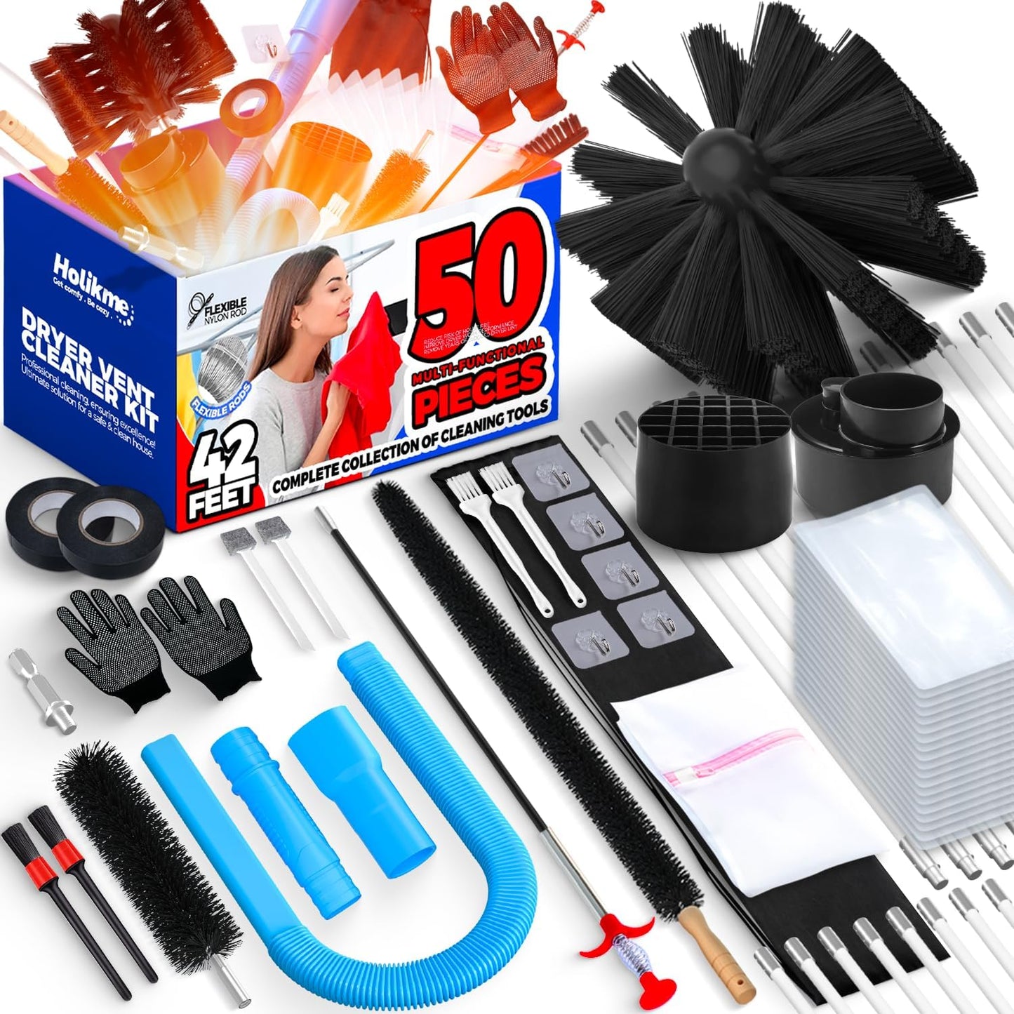 Holikme 35FT Dryer Vent Cleaner Kit 58Pcs - Lint Remover Brush Vacuum Tools | Dryer Vent Brush Kit, Omnidirectional Lint Vacuum Attachment & Lint Trap Brush Clean Hard-to-Reach Areas, Remove Hidden Lint