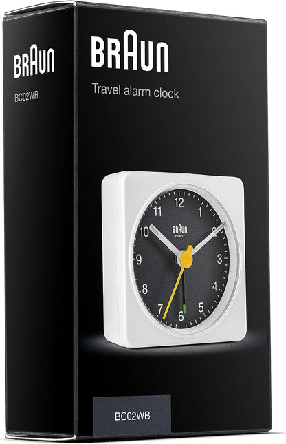 Braun Classic Travel Analogue Alarm Clock with Snooze and Light, Compact Size, Quiet Quartz Movement, Crescendo Beep Alarm in Black and White, Model BC02XBW.