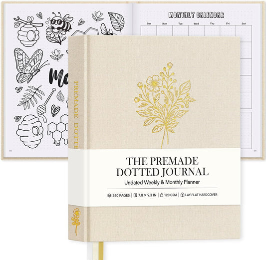 Everloria Premade Dotted Journal Notebook, 12 Months Pre-made Bullet Templates, 260 Hand-Drawn Coloring Pages, Undated Weekly & Monthly Planner, 7.8"x9.3" Linen Dot Grid Habit Mood Tracker, Lilac