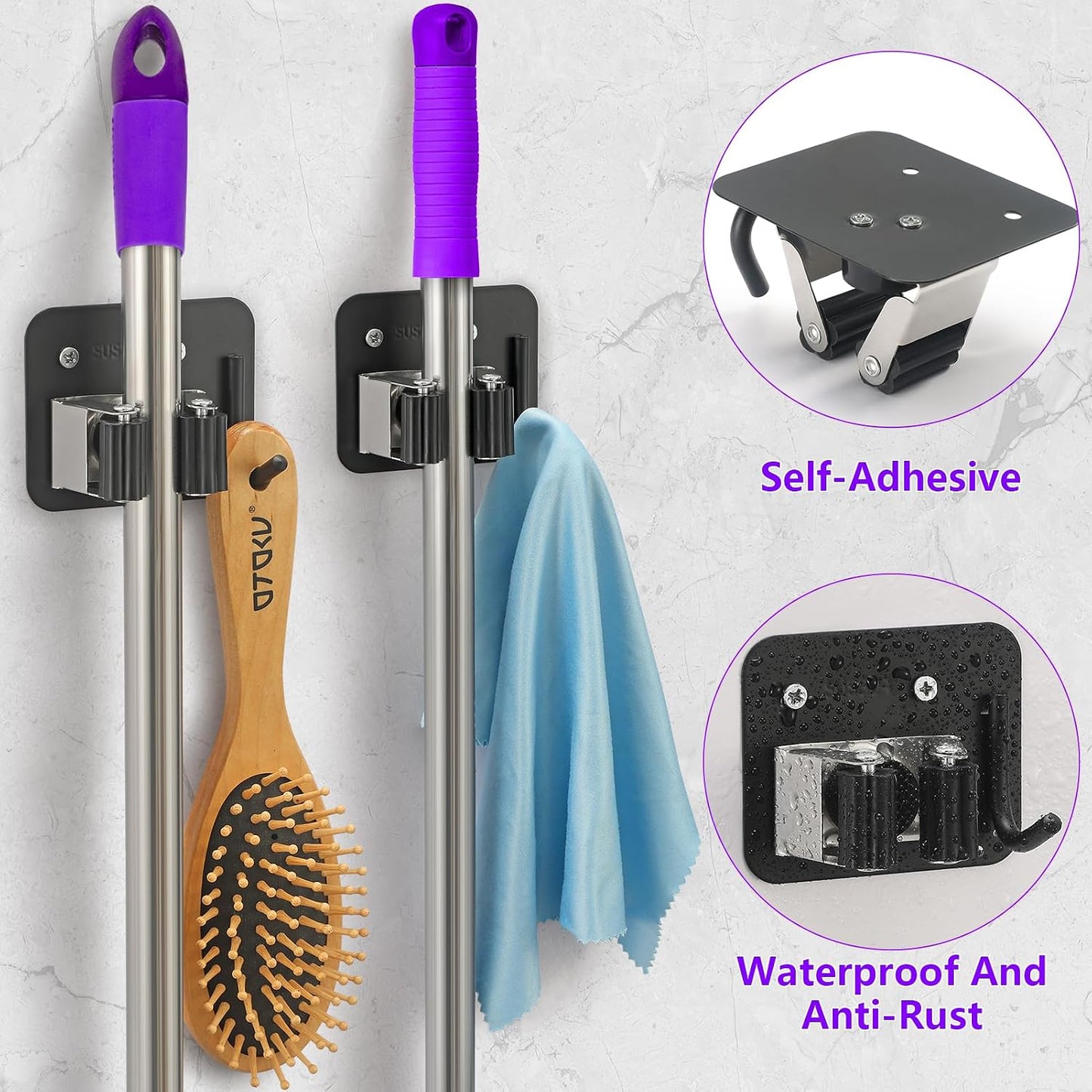 Stainless Steel Broom Holder, Heavy Duty, Rust Resistant, 4 Gripper Positions with 4 Hooks, Black | Drill-Mounted Gripper Rack Holds Brooms, Mops and Garden Tools Safely in the Laundry Room, Kitchen, Garage, Garden and Shed