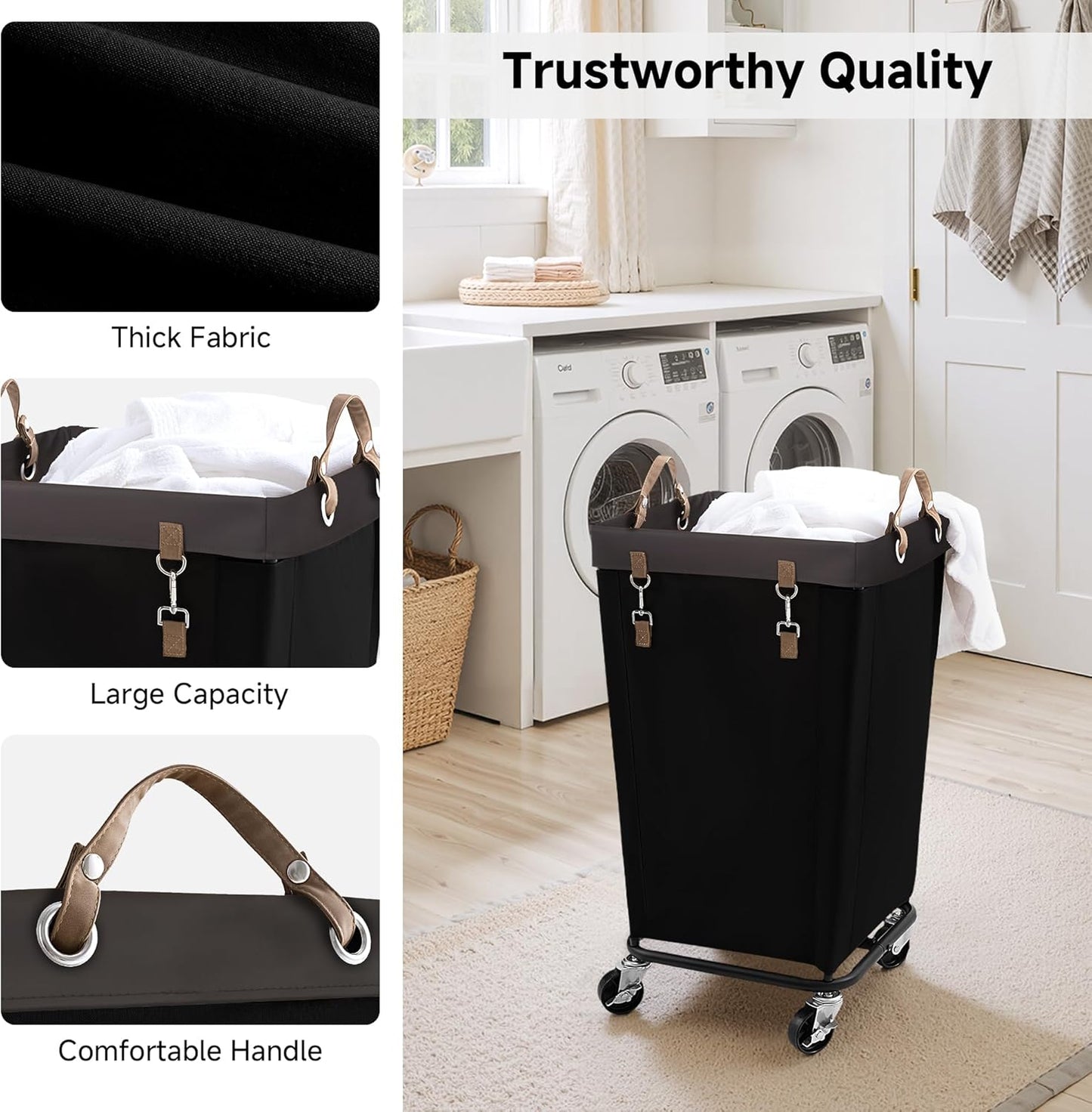 StorageWorks 160L Laundry Basket with Wheels, Rolling Hampers for Clothing | Beige Laundry Basket with Wheels, Metal Frame & Handles, Rolling Hamper for Bedroom, Bathroom, Dorm, Hotel