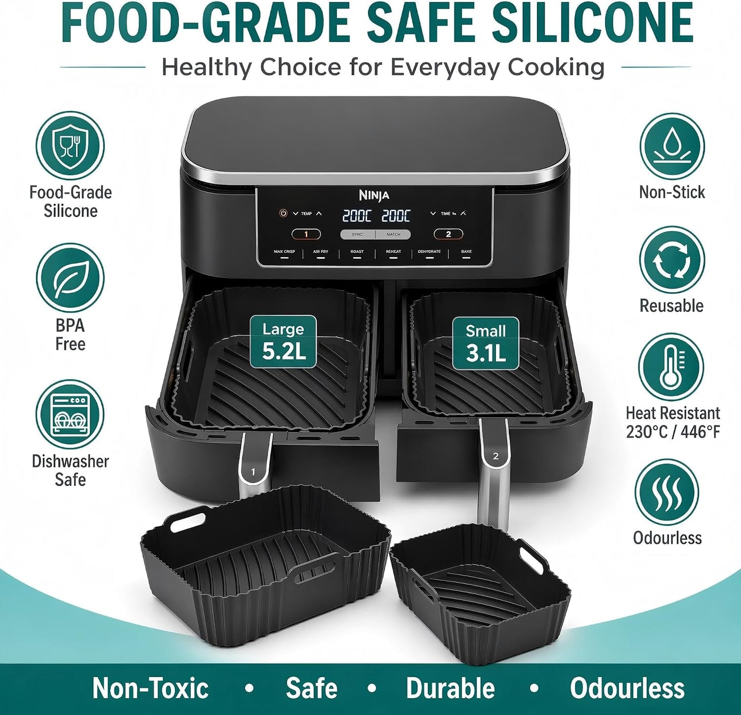 Szyeequoo Silicone Air Fryer Liners 2 Pack for Ninja Dual Zone, 1 Perforated and 1 Solid, Rectangle Reusable Liners for DZ201 DZ401 DZ550 DZ302, COSORI 9QT Instant Chefman Dual Basket Air Fryers