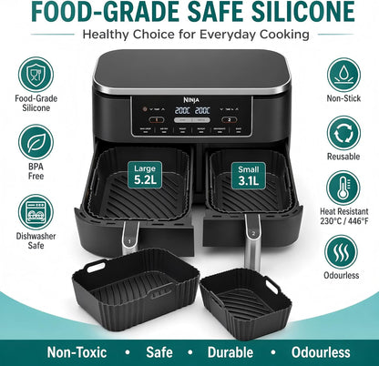 Szyeequoo Silicone Air Fryer Liners 2 Pack for Ninja Dual Zone, 1 Perforated and 1 Solid, Rectangle Reusable Liners for DZ201 DZ401 DZ550 DZ302, COSORI 9QT Instant Chefman Dual Basket Air Fryers