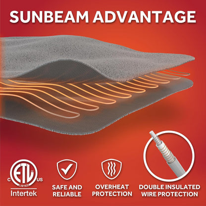 Sunbeam Royal Posh Dove Grey Heated Personal Throw / Blanket, Cozy-Warm, Adjustable Heat Settings
