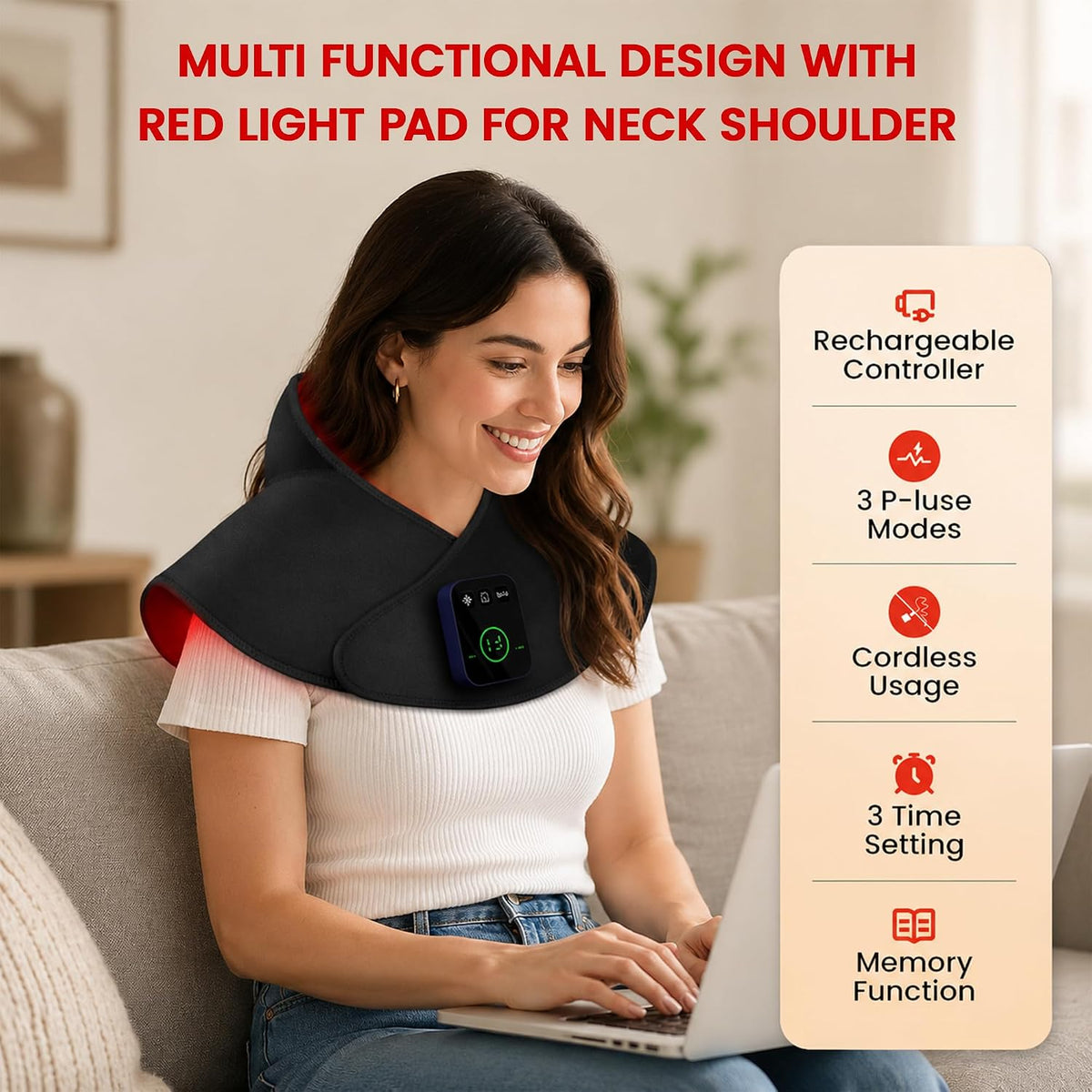 Cordless Red Light Therapy Pad for Neck Shoulder by Nourish Nest, Infrared Light Therapy Wrap for Upper Back & Body, Wearable Heating Cape with 660nm & 850nm LEDs, Rechargeable 4000mAh Battery