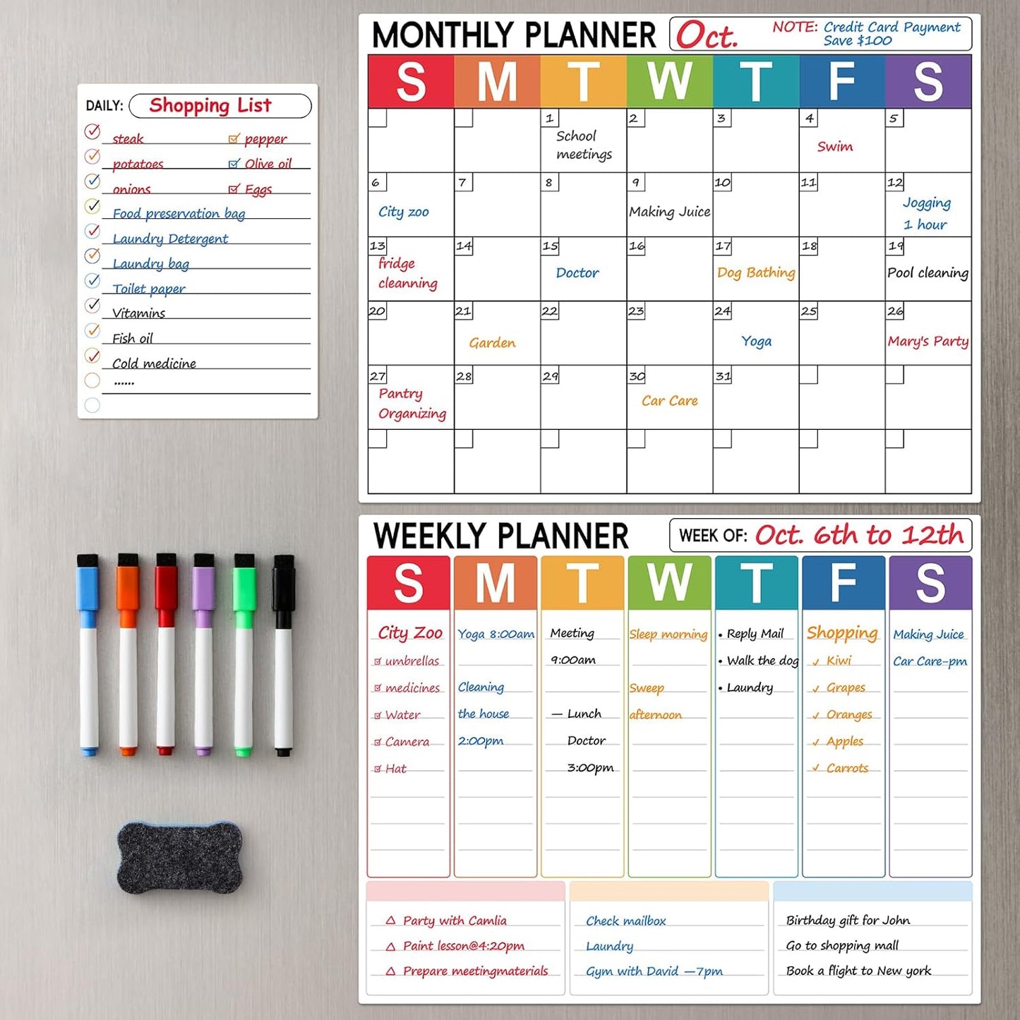 3 Pack Dry Erase Magnetic Calendar for Refrigerator - Monthly & Weekly & Daily Planner Magnet Whiteboard for Fridge Wall - Shopping, Meal/Menu, To Do List, Family Schedule Planning Board (10HB-RIZH3)