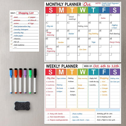 3 Pack Dry Erase Magnetic Calendar for Refrigerator - Monthly & Weekly & Daily Planner Magnet Whiteboard for Fridge Wall - Shopping, Meal/Menu, To Do List, Family Schedule Planning Board (10HB-RIZH3)