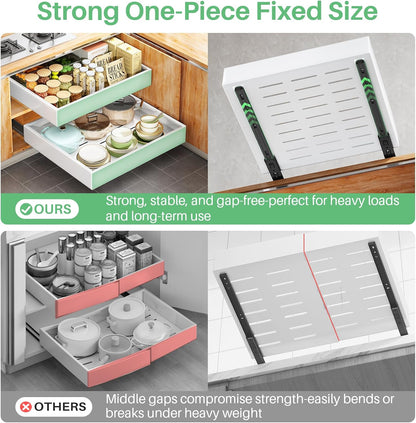 Pull out Cabinet Organizer, 21"Deep, Heavy Duty Full-Extension Slide out Drawers for Kitchen Cabinets with Nano Adhesive, Roll Out Shelf Sliding Cabinet for Pots, Bathroom, Pantry, Under Sink, White