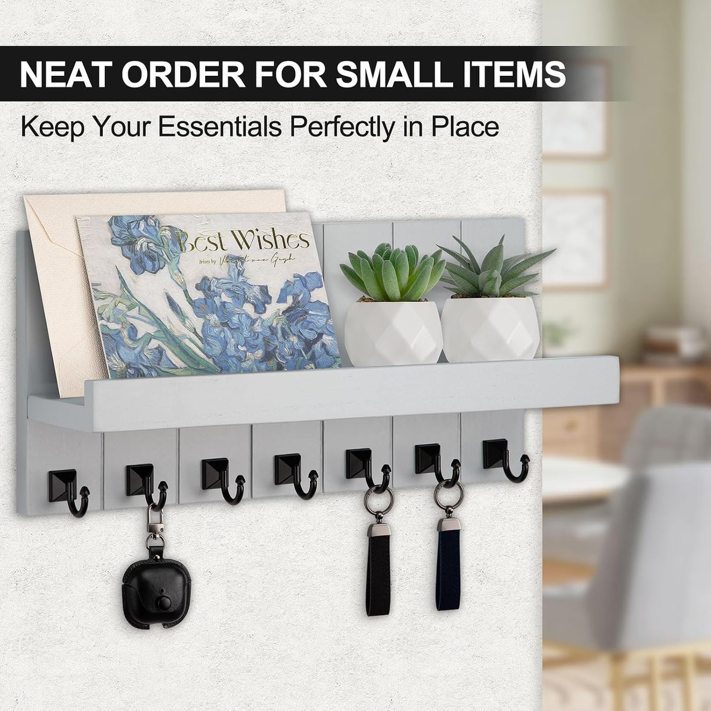 Key Holder for Wall, Decorative Key Holder with Shelf | Key and Mail Holder Wall Mount, Farmhouse Decor with 5 Key Hooks for Keys, Coats, ect.