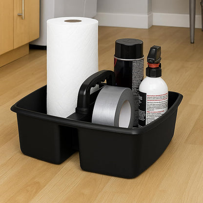 Storex 2-Compartment Large Cleaning Caddy – Multipurpose Supply Organizer with Handle - Black, 1-Pack (00973A06C)