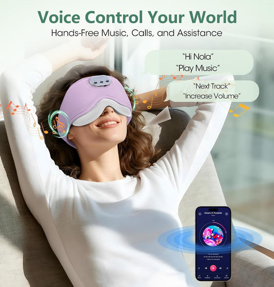 LC-dolida Voice Control Bluetooth Sleep Mask, Bamboo Cotton Bluetooth Sleep Headphones with 3D Zero-Pressure Cups and Timer Setting, Total Blackout Sleep Eye Mask for Side Sleepers (Purple)