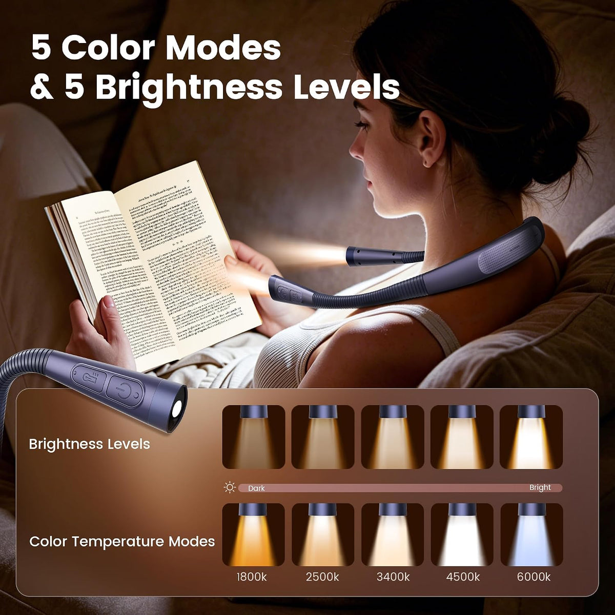 Glocusent Neck Light with EVA Case,Bendable&Rechargeable Book Light